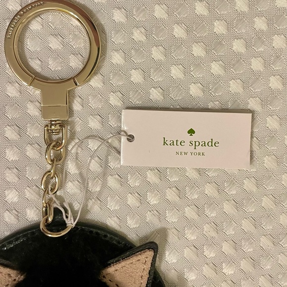 KATE SPADE Star Bright Cat Key Fob Bag Charm Black Leather Faux Fur NWT Retired - Picture 2 of 11
